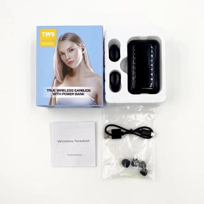 Headset Bluetooth TWS F9 + Powerbank 3000Mah Charging Case / Wireless Earphone Bass Stereo In-Ear Handsfree Earbuds Earphones LED Digital Display With Microphone Running Olahraga Gym Fitness Hiking Sepeda Earbud Tombol Play Plause Call Volume Next