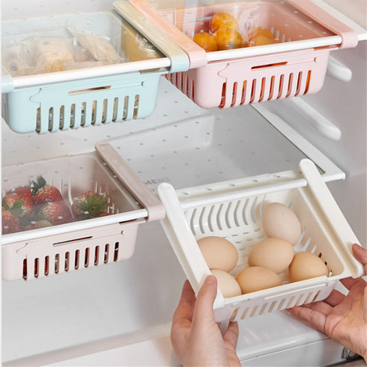 Rak Kulkas Tambahan Multifungsi / Keranjang Jepit Penyimpanan Buah Sayuran Daging / Storage Box Organizer / Laci Geser Perapih Wadah Tempat Bumbu Dapur Masak Makanan Sliding Rack Serbaguna