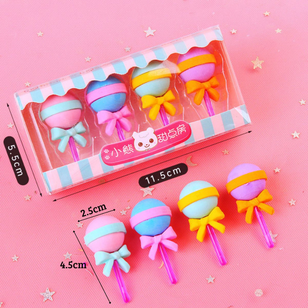 Penghapus Set Karakter 4pcs / Pengahapus Karet Eraser Bentuk Lolipop Cone Ice Cream Donut Anak Sekolah TK SD SMP SMA Unik Lucu Hadiah Ulang Tahun Warna Warni Macaron Pastel