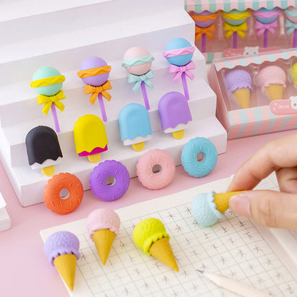 Penghapus Set Karakter 4pcs / Pengahapus Karet Eraser Bentuk Lolipop Cone Ice Cream Donut Anak Sekolah TK SD SMP SMA Unik Lucu Hadiah Ulang Tahun Warna Warni Macaron Pastel