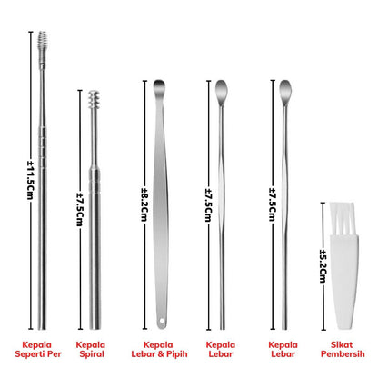 Alat Pembersih Kotoran Telinga Set 5in1 6in1 Stainless Steel Earpick Perlengkapan Perawatan Kebersihan Indra Pendengaran Ear Wax Removal Kit 5Pcs 6Pcs Korek Kuping Tongkat Sendok Tahan Karat