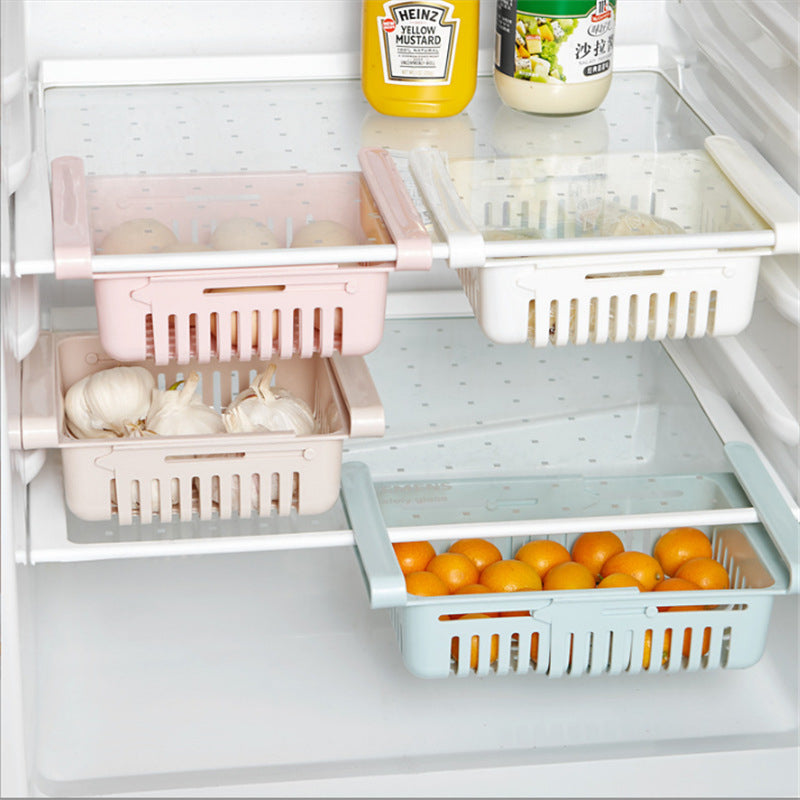 Rak Kulkas Tambahan Multifungsi / Keranjang Jepit Penyimpanan Buah Sayuran Daging / Storage Box Organizer / Laci Geser Perapih Wadah Tempat Bumbu Dapur Masak Makanan Sliding Rack Serbaguna