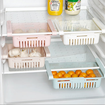 Rak Kulkas Tambahan Multifungsi / Keranjang Jepit Penyimpanan Buah Sayuran Daging / Storage Box Organizer / Laci Geser Perapih Wadah Tempat Bumbu Dapur Masak Makanan Sliding Rack Serbaguna