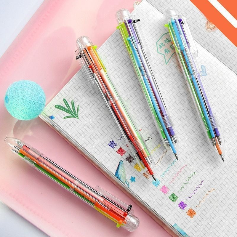 Pulpen 6 Warna isi Tinta 6in1 Pena 0.5mm / Ballpoint Perlengkapan Menulis Multicolor Pen Case Transparent Transparan Bolpen Mix Colour Alat Tulis Kantor Sekolah Warna Warni