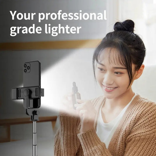 Tripod Tongsis LED R1S 3IN1 Wireless Bluetooth Remote Shutter + Flashlight Monopod Tongkat Narsis Mini Selfie Stick 360° Penyangga Kamera Handphone Untuk Travelling Dengan Tomsis Viral Praktis