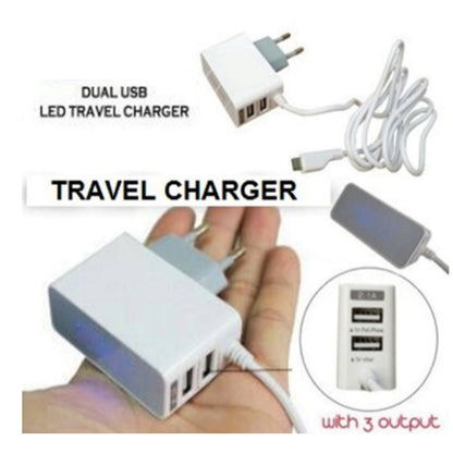 Travel Charger 3 Output 2.1A Kabel Data Casan HP Android 3in1 Dual USB Port + Kabel Micro USB