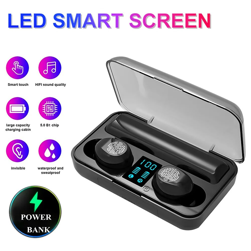 Headset Bluetooth TWS F9 + Powerbank 3000Mah Charging Case / Wireless Earphone Bass Stereo In-Ear Handsfree Earbuds Earphones LED Digital Display With Microphone Running Olahraga Gym Fitness Hiking Sepeda Earbud Tombol Play Plause Call Volume Next