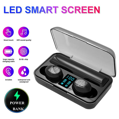 Headset Bluetooth TWS F9 + Powerbank 3000Mah Charging Case / Wireless Earphone Bass Stereo In-Ear Handsfree Earbuds Earphones LED Digital Display With Microphone Running Olahraga Gym Fitness Hiking Sepeda Earbud Tombol Play Plause Call Volume Next