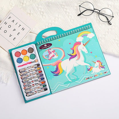 3D Coloring Book / Set Peralatan Buku Mewarnai Dengan Crayon Cat Air Lengkap Bergambar / Buku Keterampilan Menggambar Melatih Kemampuan Motorik Anak / Perlengkapan Melukis Untuk Hadiah Ulang Tahun Kado Mainan Edukasi Motif Lucu Buku Gambar TK PAUD SD Bayi