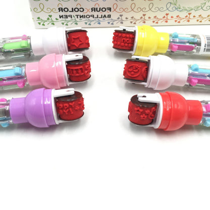 Pulpen 4 Warna Pendek + Roller Stamp / Pen 5in1 Multicolor / Pulpen Mekanik Bergambar Lucu / Ballpoint Perlengkapan Menulis Warna-Warni Pena 0.5mm / Bolpen Karakter Bentuk Lucu / Peralatan Anak Sekolah Kantor Praktis