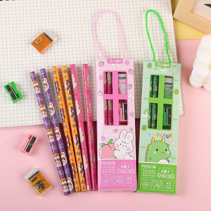 Pensil Set 5in1 Karakter Lucu / Paket Alat Tulis Pensil Penghapus Penggaris Rautan Gambar Kartun Imut / Mini Stationery Character 5 Pcs ATK Perlengkapan Menulis Anak Sekolah Hadiah Kado Ulang Tahun Souvenir Goody Bag PAUD SD Unik Dino Bunny Bear Pencil