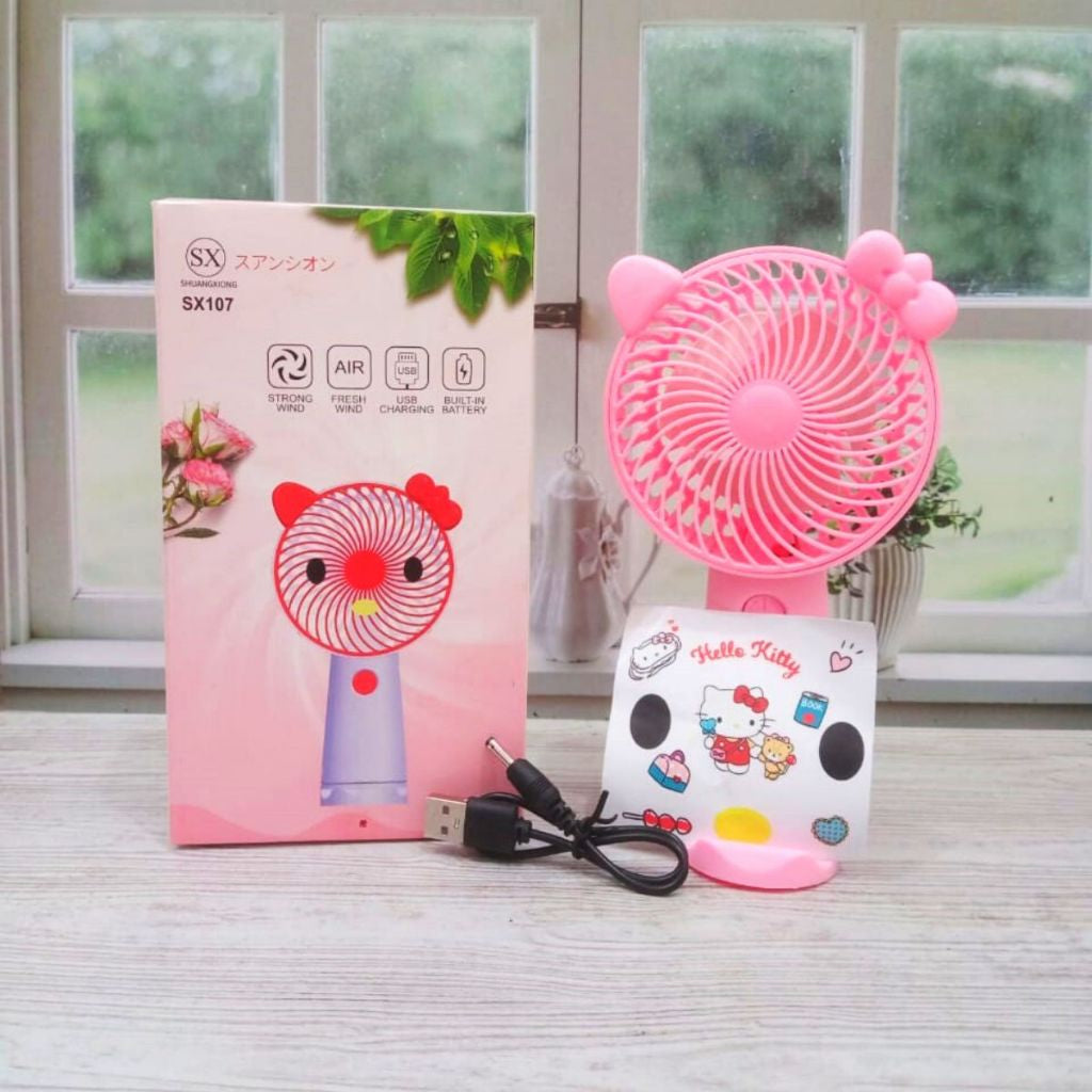 Kipas Angin Portable 2in1 + Stand Holder Penyangga HP / Handy Fan SX-107 Mini USB Colling Fan Genggam Tangan Karakter Lucu FREE Sticker / Kipas Pendingin Rechargeable Elektrik Untuk Traveling Outdoor Konser Piknik Travel Running Jalan Taman Multifungsi