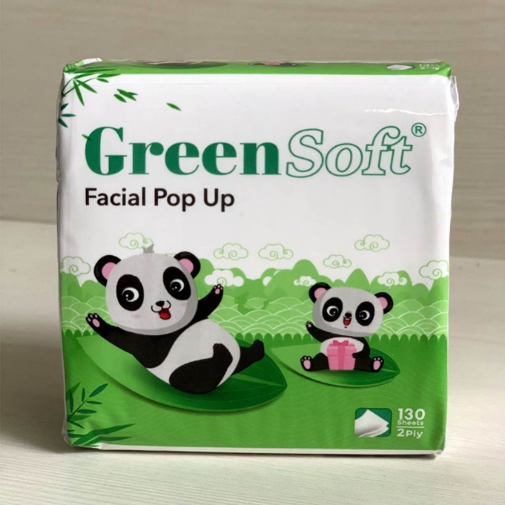 (Set) Tissue Panda 6 Pack FREE Kotak Tempat Tisu Isi 130 Lembar 2Ply GreenSoft / Lap Selampai Pembersih Noda Kotoran Wajah Tangan Anti Bakteri / Kertas Tissu Facial Meja Dapur Pop Up Mini Halus Lembut Green Soft Kantor Mobil Rumah Kamar Murah Termurah