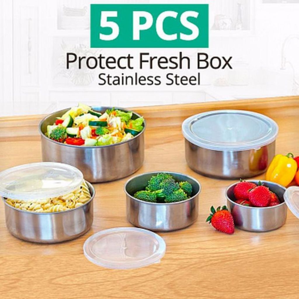 Rantang 5 Susun Stainless Steel Polos Dengan Tutup Plastik / Fresh Box Wadah Bekal 5in1 Penutup Rapat Kedap Udara Anti Tumpah / Tempat Penyimpanan Makanan Lauk Sayur Buah Kue Snak Food Grade Souvenir Hadiah Pernikahan Arisan Tukar Kado Gift Multifungsi