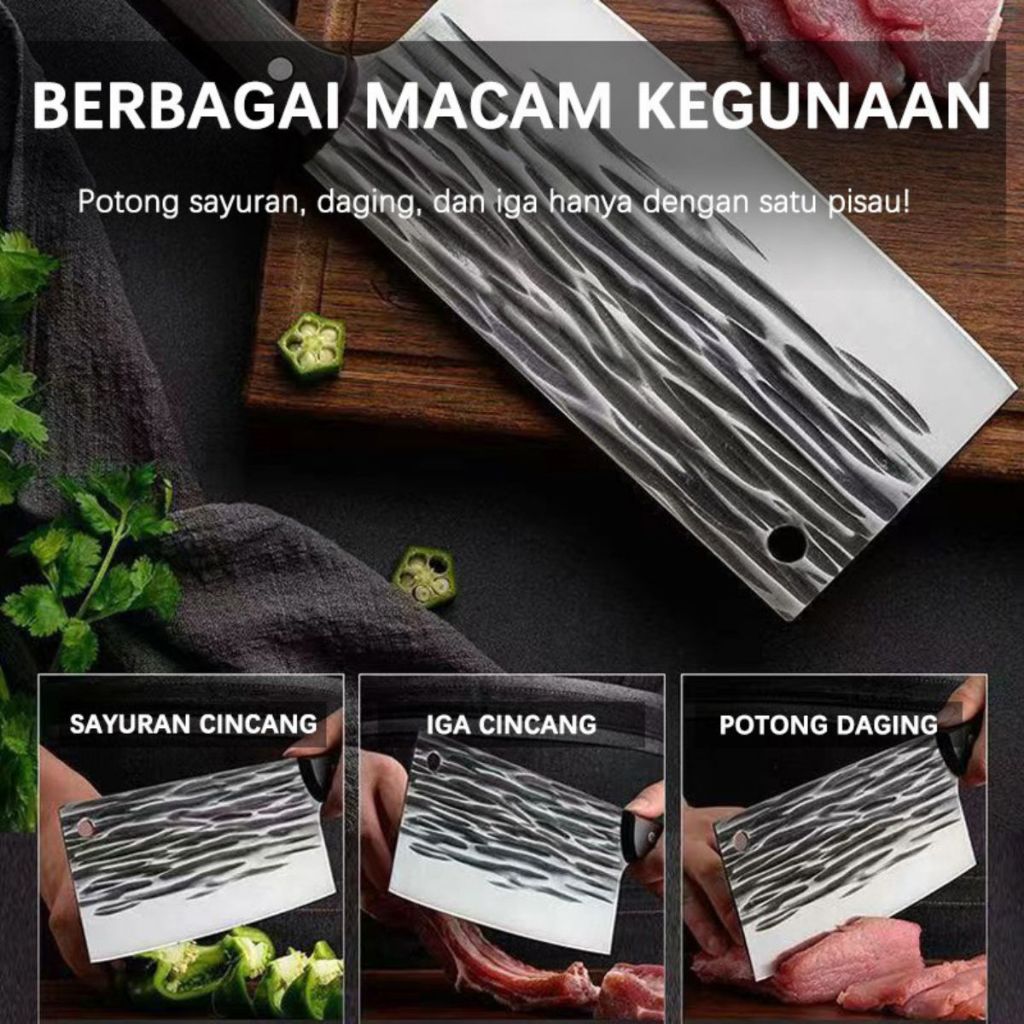 Pisau Dapur Pemotong Daging Sayur Buah Super Tajam / Chef Knife Japanese / Piso Koki Jepang Bahan Baja Stainless Tebal Anti Karat / Golok Alat Potong Cacah Cincang Tulang Iga Ikan Ayam Tukang Pasar Serbaguna Rekomendasi Berkualitas