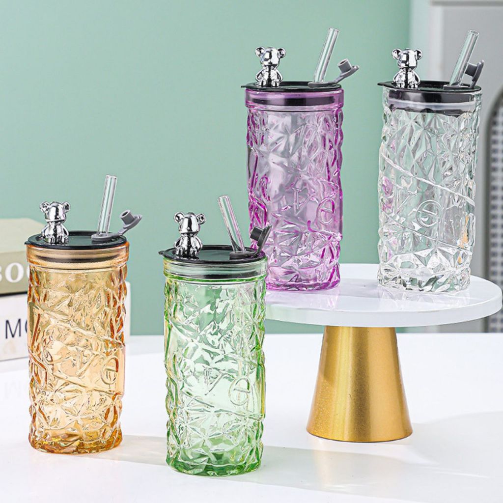 Tumbler Botol Motif Kristal Kaca Aesthetic Dengan Tutup Beruang + Sedotan Transparan Tahan Panas /  Gelas Minum Tempat Penyimpanan Air Kopi Coffe Susu Jus Hangat Dingin Serbaguna Tumblr Bottle Cup Simple Anti Tumpah Elegan Hadiah Tukar Kado Ulang Tahun