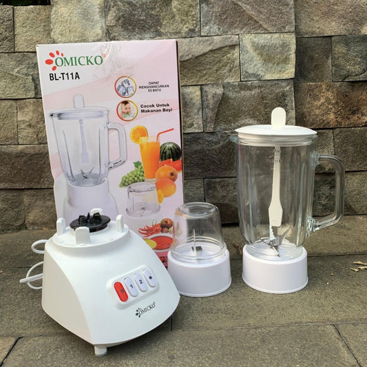 Blender Omicko 2in1 1 Liter Bahan Kaca Plastik / Alat Mesin Penggiling Penghalus Daging Sayur Bumbu Rempah Buah Jus Serbaguna / Mixer Tabung Besar Kecil 4 & 2 Mata Pisau Stainless Steel Super Tajam Kapasitas Besar Awet Tahan Lama Peralatan Dapur Praktis