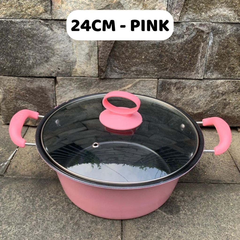 Panci Sup Enamel 18 20 22 24 cm Dengan Penutup Kaca / Teflon Wajan Bulat Gagang Kuping Goreng Tumis Kuah Rebus Ramen Indomie Telur Memasak Sayur Soup Bubur Serbaguna / Frying Pan Bahan Tebal Berkualitas Anti Lengket / Peralatan Masak Praktis Multifungsi