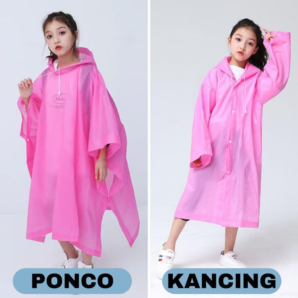 Jas Hujan Anak Model Poncho Waterproof Bahan EVA Tebal / Jas Hujan Mantel Korea + Hoodie Semi Transparan Anti Air Jubah Kelelawar Musim Ujan Motor Anti Basah Tidak Panas Kaku Sobek Children Travel Raincoat Lightweight Unisex Reusable Laki Laki Perempuan