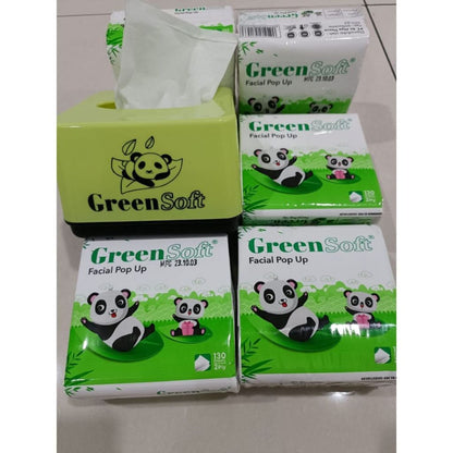 (Set) Tissue Panda 6 Pack FREE Kotak Tempat Tisu Isi 130 Lembar 2Ply GreenSoft / Lap Selampai Pembersih Noda Kotoran Wajah Tangan Anti Bakteri / Kertas Tissu Facial Meja Dapur Pop Up Mini Halus Lembut Green Soft Kantor Mobil Rumah Kamar Murah Termurah