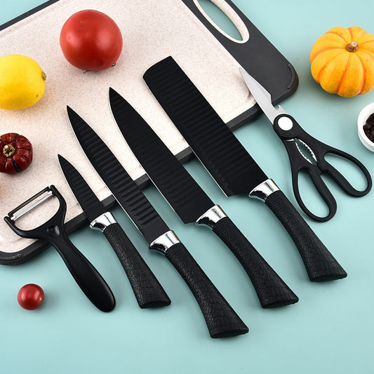 Pisau Dapur Set 6 Pcs Bahan Stainless Steel Anti Lengket Warna Hitam Non Slip / Black Kitchen Knife 6 in 1 Chopper Chef Knife Gunting Peeler Paring Utility Piso Daging Buah Sayur Roti Super Tajam Elegan Tahan Karat Souvenir Hadiah Pindah Rumah Tukar Kado