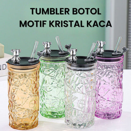 Tumbler Botol Motif Kristal Kaca Aesthetic Dengan Tutup Beruang + Sedotan Transparan Tahan Panas /  Gelas Minum Tempat Penyimpanan Air Kopi Coffe Susu Jus Hangat Dingin Serbaguna Tumblr Bottle Cup Simple Anti Tumpah Elegan Hadiah Tukar Kado Ulang Tahun