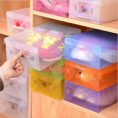 Kotak Sepatu Bahan Plastik Transparan Tebal / Shoes Storage Box Organizer Tempat Penyimpanan Sandal Heels Warna-Warni Serbaguna / Rak Wadah Lipat Susun Multifungsi