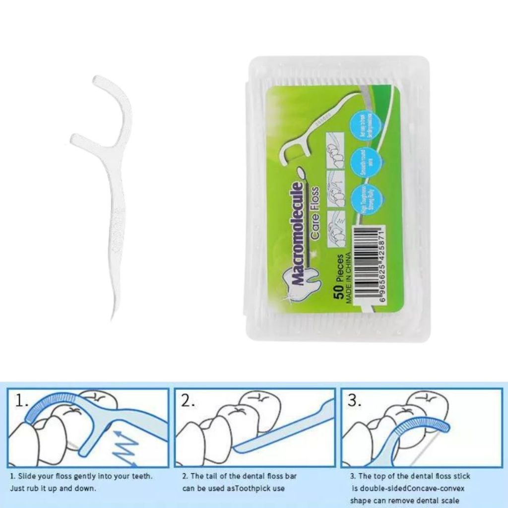 Pembersih Celah Gigi Benang Busur Tusuk Gigi Macromolecul [Isi 1 Box 50 Pcs] / Dental Floss Flosser Toothpick Pengangkat Kotoran Sela Gigi Steril Higienis