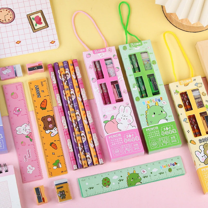 Pensil Set 5in1 Karakter Lucu / Paket Alat Tulis Pensil Penghapus Penggaris Rautan Gambar Kartun Imut / Mini Stationery Character 5 Pcs ATK Perlengkapan Menulis Anak Sekolah Hadiah Kado Ulang Tahun Souvenir Goody Bag PAUD SD Unik Dino Bunny Bear Pencil