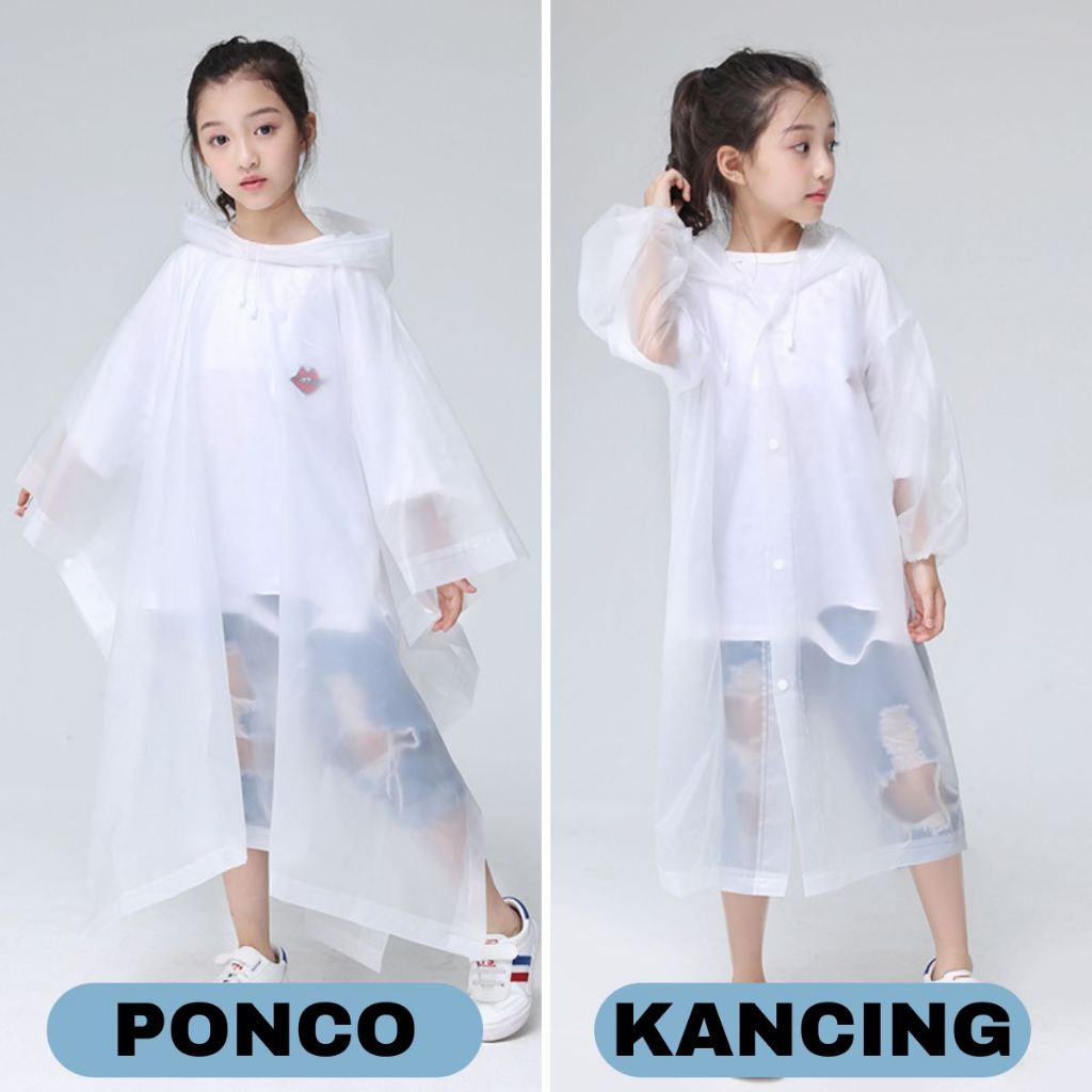 Jas Hujan Anak Model Poncho Waterproof Bahan EVA Tebal / Jas Hujan Mantel Korea + Hoodie Semi Transparan Anti Air Jubah Kelelawar Musim Ujan Motor Anti Basah Tidak Panas Kaku Sobek Children Travel Raincoat Lightweight Unisex Reusable Laki Laki Perempuan