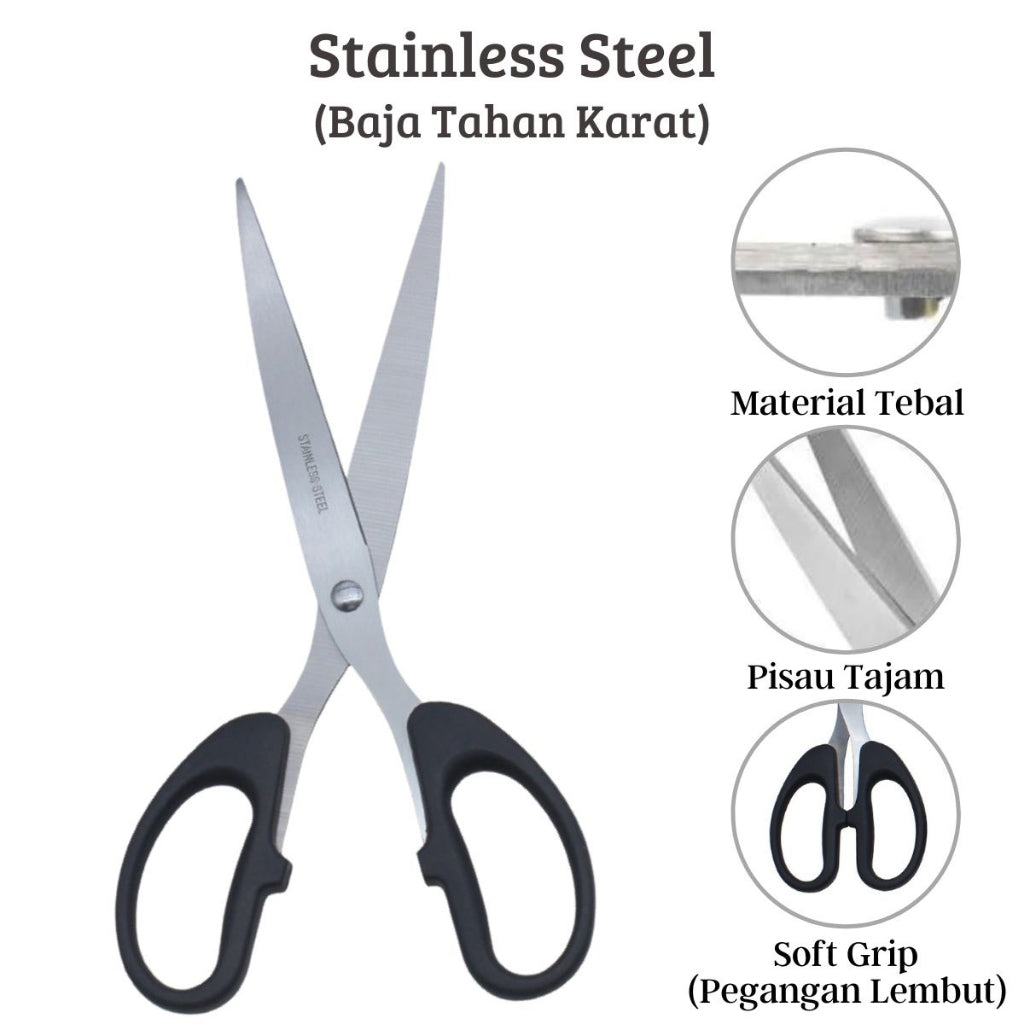 Gunting Stainless Serbaguna 12cm 16cm 20cm / Alat Pemotong Kertas Kain Benang Selotip Plastik Dapur Paket Makanan Potong Scissors Panjang Gagang Hitam Pisau Tajam Anti Karat Perlengkapan ATK Anak Sekolah Kantor Super Kokoh 12 16 20 cm Terlaris Termurah