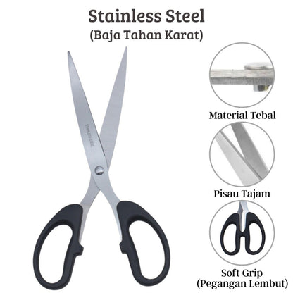 Gunting Stainless Serbaguna 12cm 16cm 20cm / Alat Pemotong Kertas Kain Benang Selotip Plastik Dapur Paket Makanan Potong Scissors Panjang Gagang Hitam Pisau Tajam Anti Karat Perlengkapan ATK Anak Sekolah Kantor Super Kokoh 12 16 20 cm Terlaris Termurah