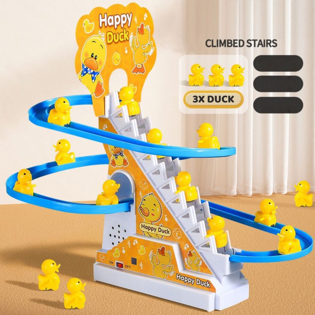 Mainan Anak Track Tangga Seluncur Bebek Mini Naik Tangga Otomatis / Small Happy Duck Train Track Racing Permainan Edukasi Melatih Ketangkasan & Motorik Bayi Balita / Toys Maenan Slide Edukatif Dengan Musik Lampu Bentuk Lucu Hadiah Kado Ulang Tahun 2 3 4 5