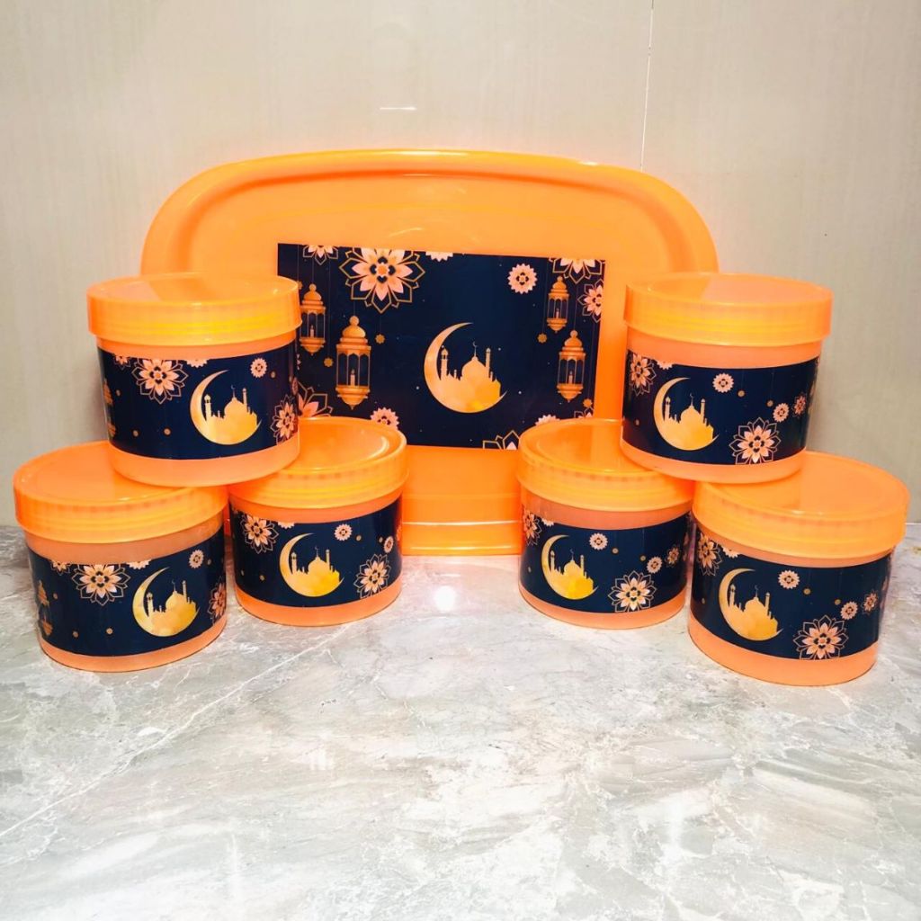 Set Toples 6pcs Free Nampan / Tempat Penyimpanan Makanan Bumbu Dapur Kotak Snack Kue Kering Manisan Cemilan Permen Kacang Multifungsi / Wadah Bulat Storage Jar With Tray Susun Pajang Hiasan Meja Tamu Makan Untuk Hantaran Lebaran Syukuran Hemat Tempat