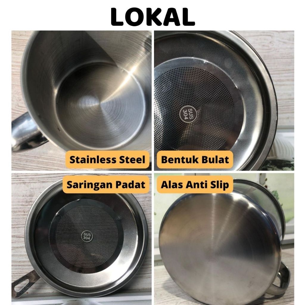 Wadah Saringan Minyak 1.3 Liter Stainless Steel Lokal & Import  / Oil Pot Filter Anti Karat / Gelas Penyaring Ampas Sisa Minyak Jelantah 1300 ML Anti Tumpah