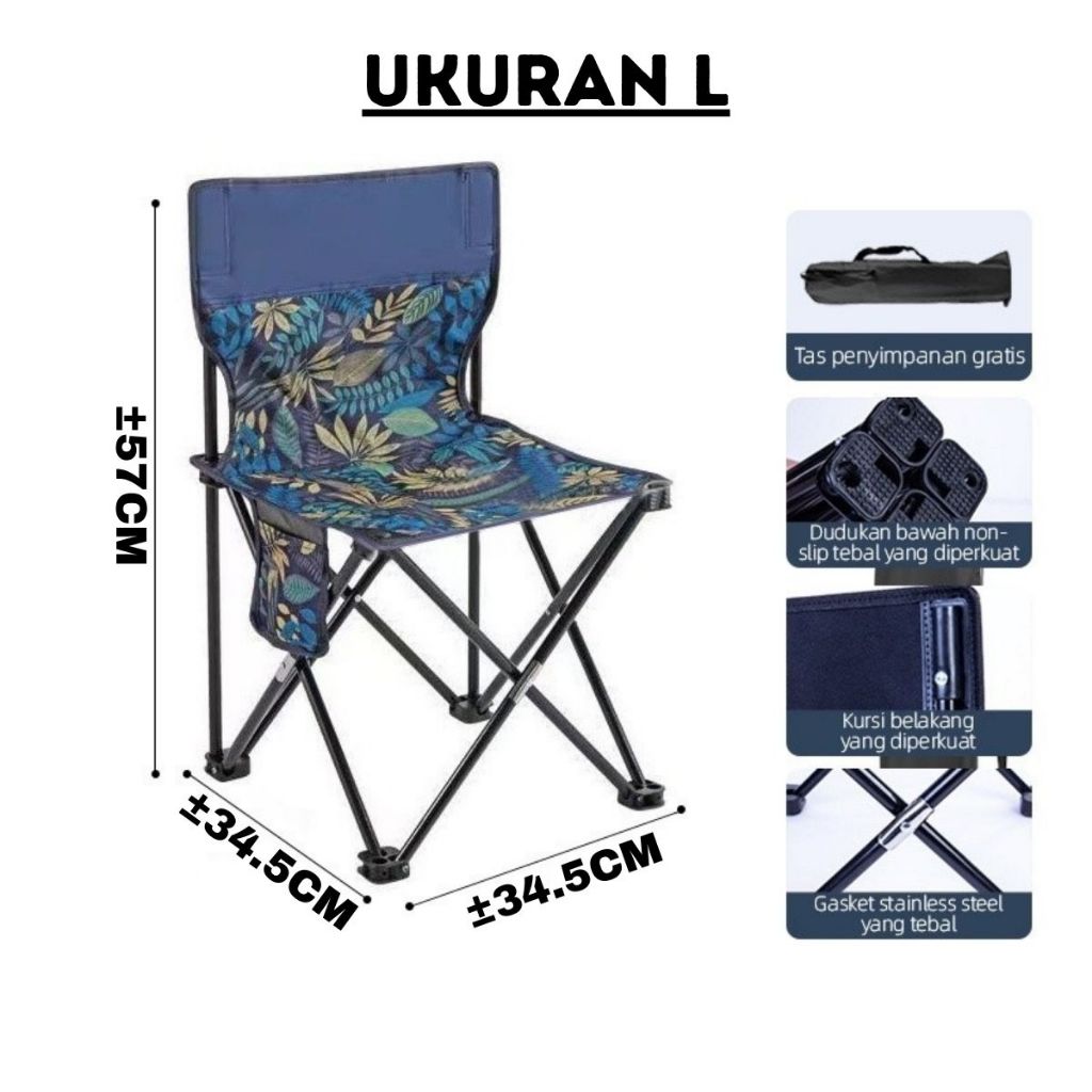 Kursi Lipat Portable Ukuran M & L Free Pouch / Bangku Camping Folding Chair Stool / Kursih Tunggu Santai Lipet Praktis Bahan Berkualitas / Tempat Duduk Travelling Outdoor Indoor Gunung Berkemah Mancing Pantai Taman Multifungsi Kokoh Awet Anti Slip