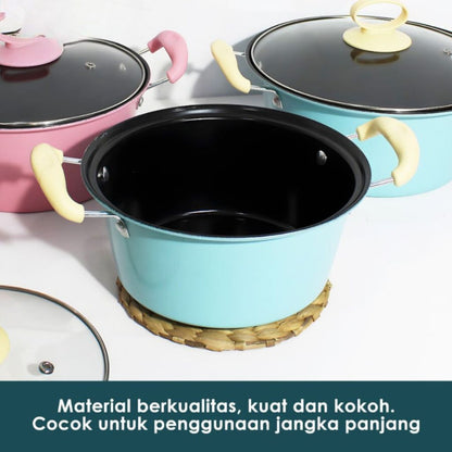 Panci Sup Enamel 18 20 22 24 cm Dengan Penutup Kaca / Teflon Wajan Bulat Gagang Kuping Goreng Tumis Kuah Rebus Ramen Indomie Telur Memasak Sayur Soup Bubur Serbaguna / Frying Pan Bahan Tebal Berkualitas Anti Lengket / Peralatan Masak Praktis Multifungsi