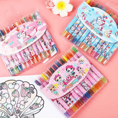 Crayon Putar 12 Warna Rolling Crayon Oil Pastel Set 12pcs/ Peralatan Menggambar Dan Mewarnai / Krayon Bergambar Karakter Lucu Alat Tulis Seni Lukis Perlengkapan Sekolah Edukasi Anak Bermain Belajar Goody Bag Hadiah Kado Ulang Tahun 2 3 4 5 SD PAUD