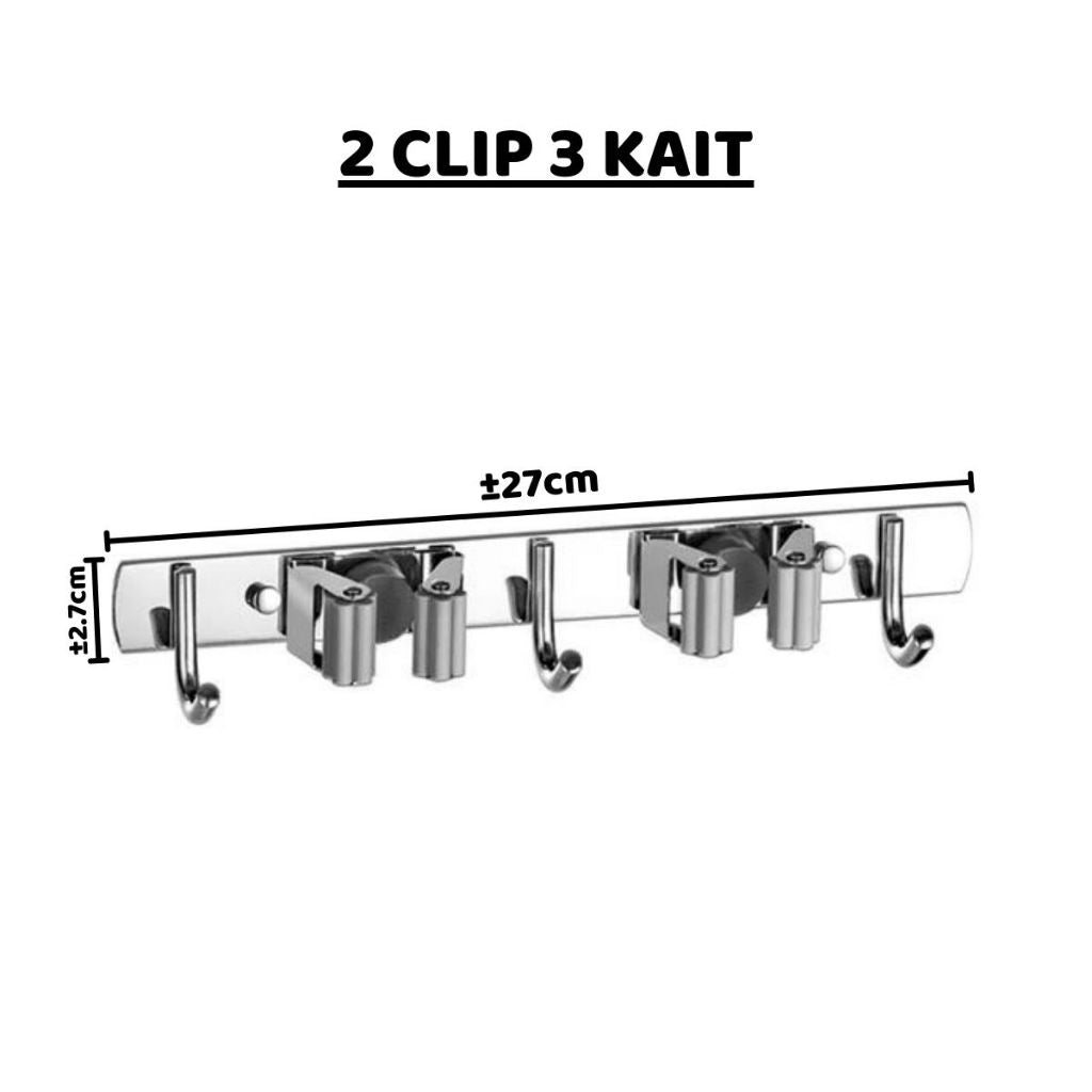 Gantungan Sapu Pel Stainless / Holder Hook Penyangga Klip Kait Gantung Dapur Kamar Mandi Tidur Basement Garasi Tempat Cuci Simpan Sapu Alat Kebersihan Pel Kemoceng Gagang Tempel Dinding Rumah Skrup Bor Tembok