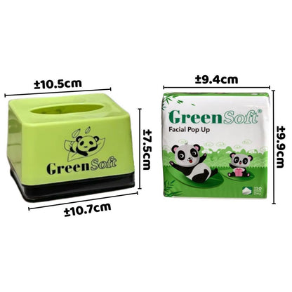 (Set) Tissue Panda 6 Pack FREE Kotak Tempat Tisu Isi 130 Lembar 2Ply GreenSoft / Lap Selampai Pembersih Noda Kotoran Wajah Tangan Anti Bakteri / Kertas Tissu Facial Meja Dapur Pop Up Mini Halus Lembut Green Soft Kantor Mobil Rumah Kamar Murah Termurah