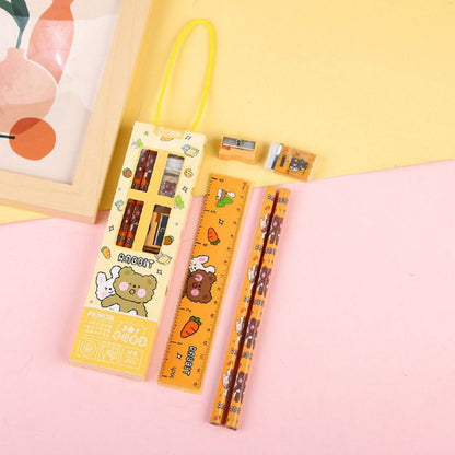 Pensil Set 5in1 Karakter Lucu / Paket Alat Tulis Pensil Penghapus Penggaris Rautan Gambar Kartun Imut / Mini Stationery Character 5 Pcs ATK Perlengkapan Menulis Anak Sekolah Hadiah Kado Ulang Tahun Souvenir Goody Bag PAUD SD Unik Dino Bunny Bear Pencil