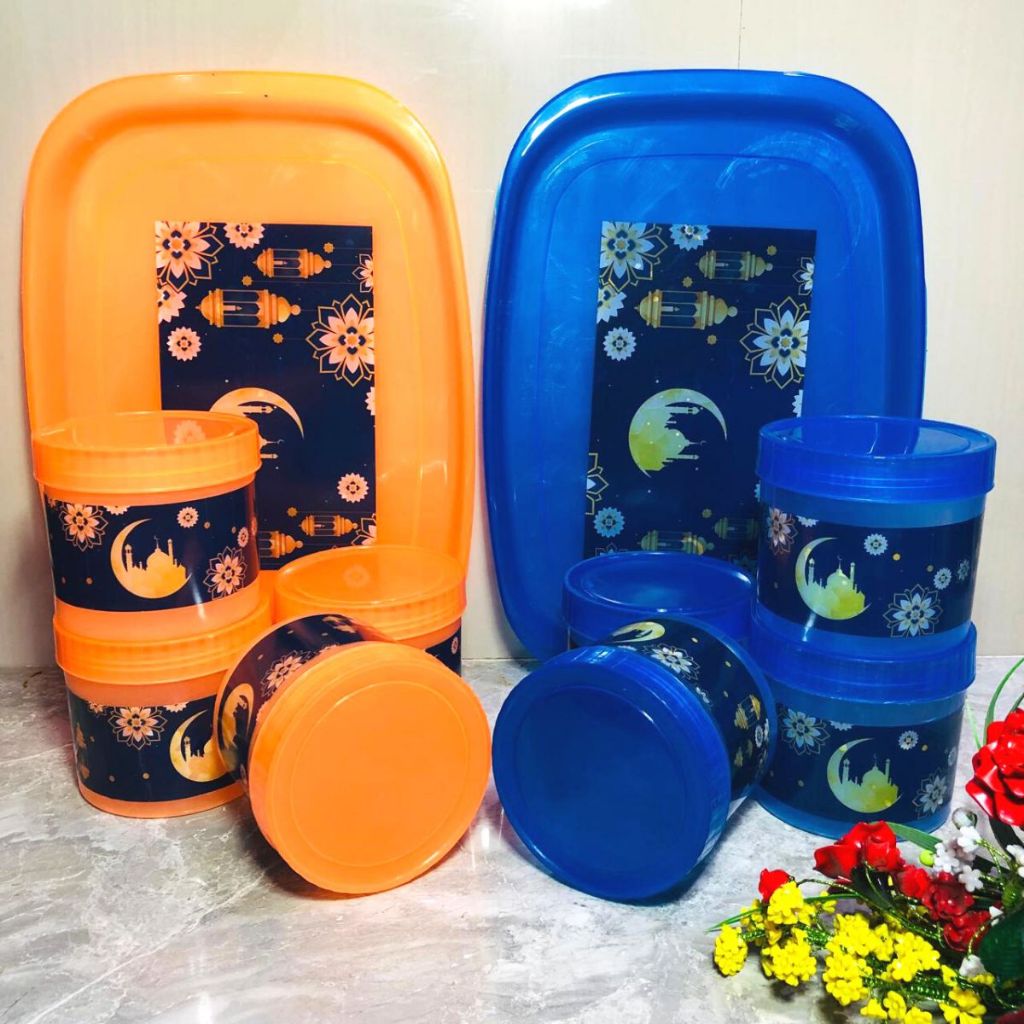 Set Toples 6pcs Free Nampan / Tempat Penyimpanan Makanan Bumbu Dapur Kotak Snack Kue Kering Manisan Cemilan Permen Kacang Multifungsi / Wadah Bulat Storage Jar With Tray Susun Pajang Hiasan Meja Tamu Makan Untuk Hantaran Lebaran Syukuran Hemat Tempat