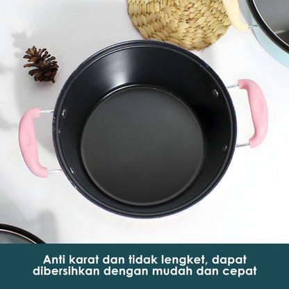 Panci Sup Enamel 18 20 22 24 cm Dengan Penutup Kaca / Teflon Wajan Bulat Gagang Kuping Goreng Tumis Kuah Rebus Ramen Indomie Telur Memasak Sayur Soup Bubur Serbaguna / Frying Pan Bahan Tebal Berkualitas Anti Lengket / Peralatan Masak Praktis Multifungsi