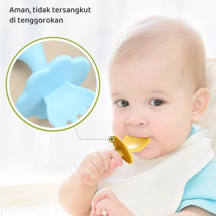 Set Sendok Dan Garpu Makan Bayi Gagang Pendek Model Lengkung / Baby Spoon And Fork BPA FREE Food Grade / Peralatan Mpasi 6m+ Anak Balita Batita Bahan Plastik Lembut Tahan Panas Tidak Melukai Gusi / Sendok Garpu Latihan Training Makan 6 Bulan Keatas