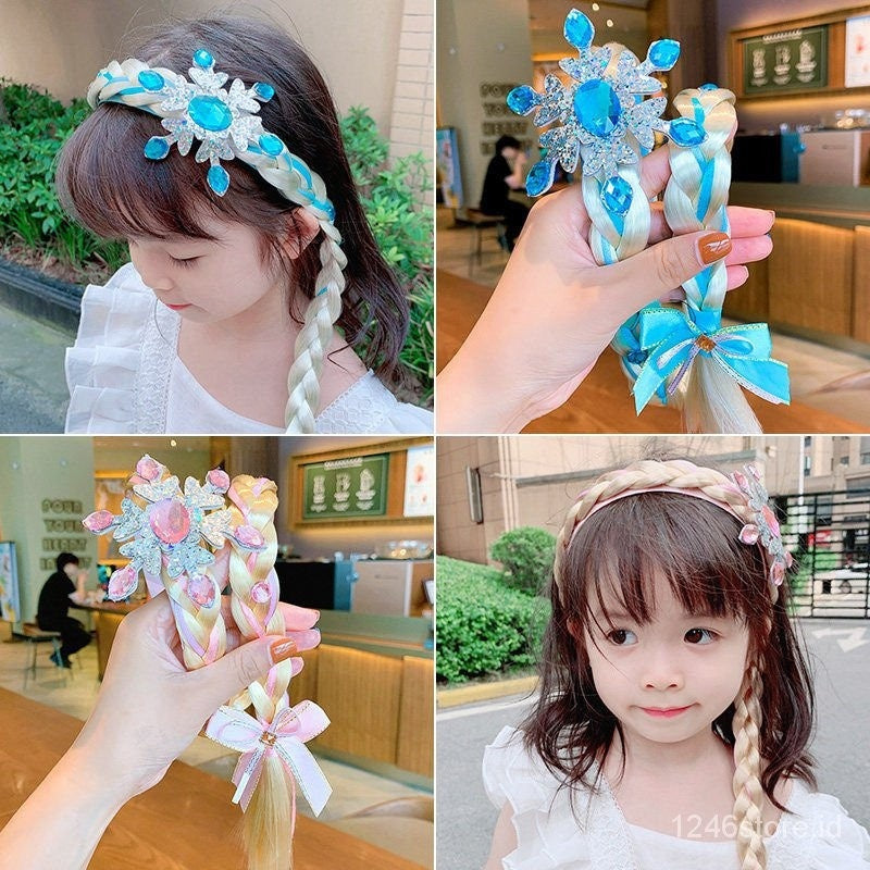 Bando Rambut Anak Perempuan Palsu /  Hair Wig Style Rapunzel Frozen / Bandana Hiasan Kepala Anak Rambut Palsu Kepang Panjang Motif Lucu / Aksesoris Fashion Kostum Princess Elsa Bahan Tebal Anti Patah Acc Wanita Simple