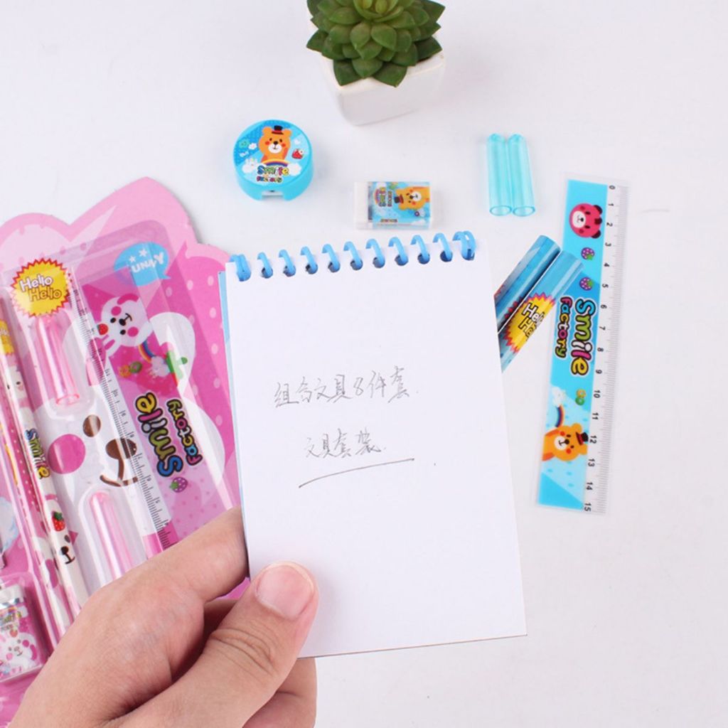 Set Alat Tulis Karakter 8in1 / Paket Lengkap Notebook Pensil Penggaris Penghapus Rautan Gambar Kartun Lucu Buku Tulis Note Book / Mini Stationery Character 8 Pcs ATK Peralatan Menulis Anak Sekolah Hadiah Kado Ulang Tahun Souvenir Goody Bag Unik Termurah