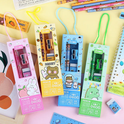 Pensil Set 5in1 Karakter Lucu / Paket Alat Tulis Pensil Penghapus Penggaris Rautan Gambar Kartun Imut / Mini Stationery Character 5 Pcs ATK Perlengkapan Menulis Anak Sekolah Hadiah Kado Ulang Tahun Souvenir Goody Bag PAUD SD Unik Dino Bunny Bear Pencil