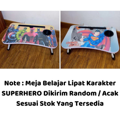 Meja Lipat Karakter / Folding Table dengan Slot Tempat Buku Tablet Hp Gelas Botol Anti Air Untuk Belajar Anak Kerja Menulis Menggambar Main Laptop Model Kartun Lucu / Alat Perlengkapan Sekolah Kantor PAUD TK SD SMP SMA Super Kokoh Meja Kasur Lantai Duduk