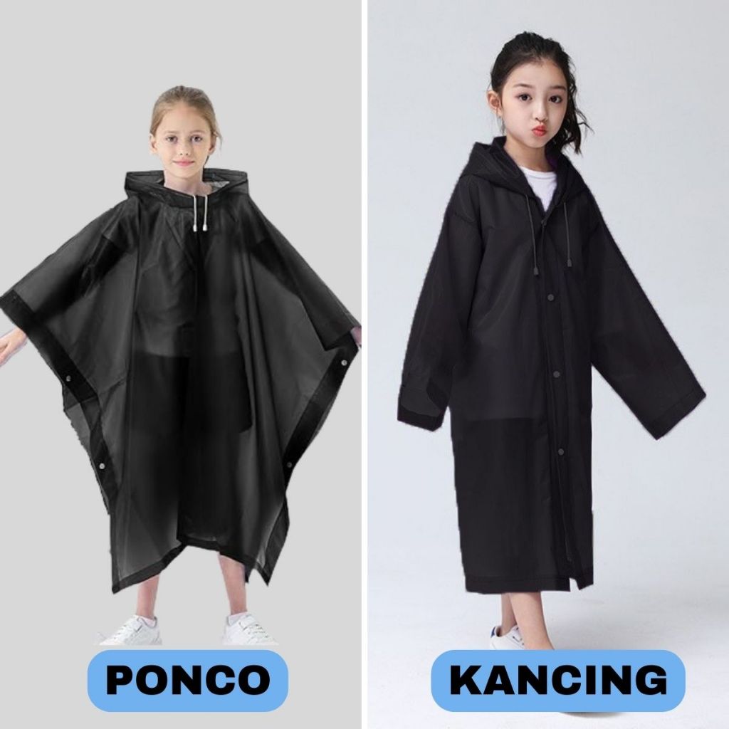 Jas Hujan Anak Model Poncho Waterproof Bahan EVA Tebal / Jas Hujan Mantel Korea + Hoodie Semi Transparan Anti Air Jubah Kelelawar Musim Ujan Motor Anti Basah Tidak Panas Kaku Sobek Children Travel Raincoat Lightweight Unisex Reusable Laki Laki Perempuan