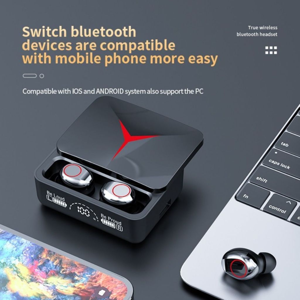 Earphone Bluetooth TWS M90Pro + Powerbank 1200mAh Charging Case / Wireless Headset Bass Stereo In-Ear Handsfree Earbuds LED Digital Dispaly Microphone Running Gym Olahraga Sepeda Hiking Fitness Earbud Tombol Play Plause Call Volume Next Noise Cancellation